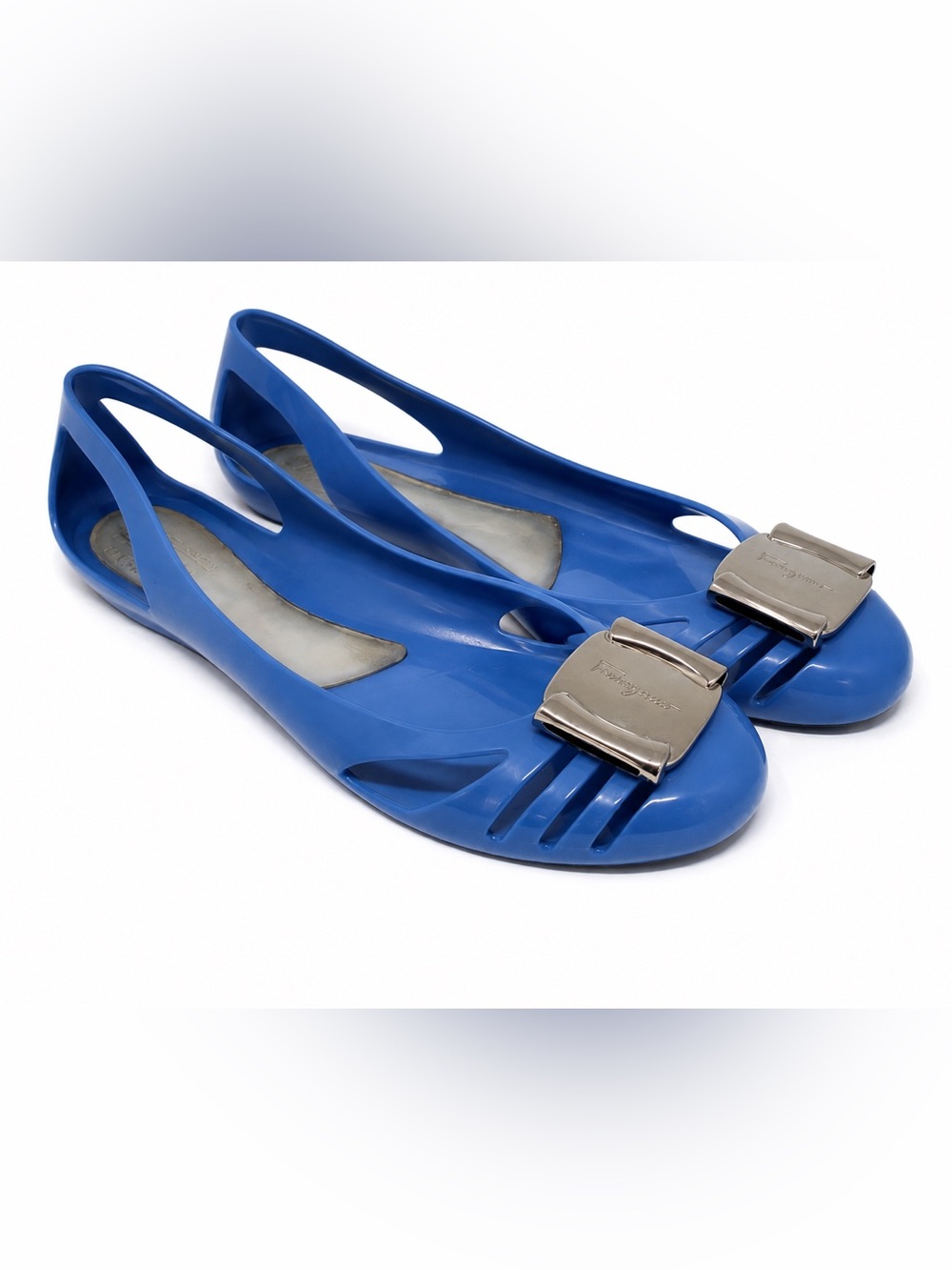 Salvatore Ferragamo Blue Jelly Flats Silver Vara Bow Size 8 - Picture 1 of 8